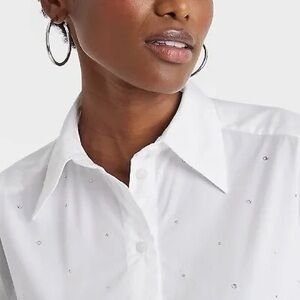 STUDDED RHINESTONE WHITE COLLARD SHIRT